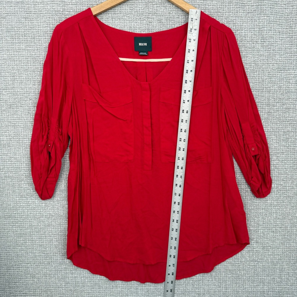 Maeve Red Blouse 3/4 Roll Tab Sleeve Pockets V-Neck Casual Top Sz‎ M Y2K Relaxed - Picture 4 of 10